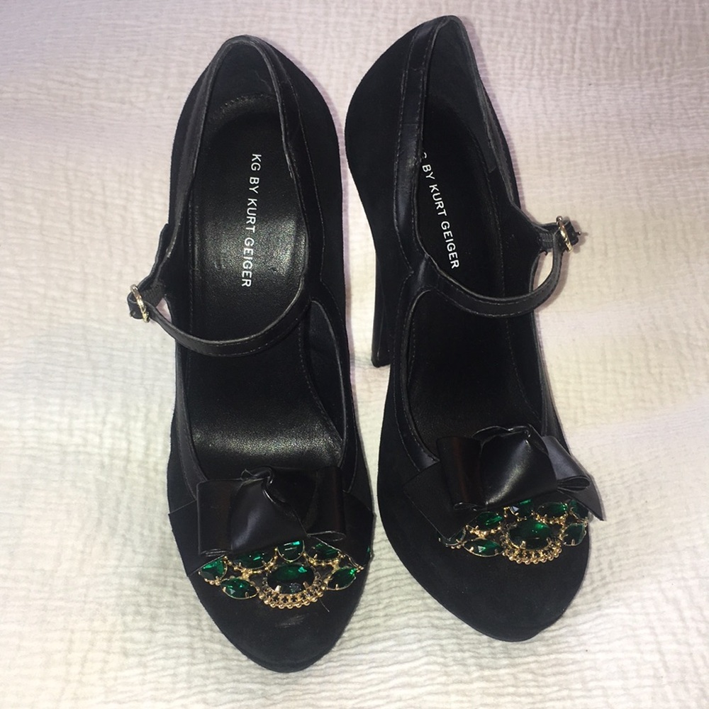 KG By Kurt Geiger Joan black suede Mary Jane heels w/ green jewels & bows